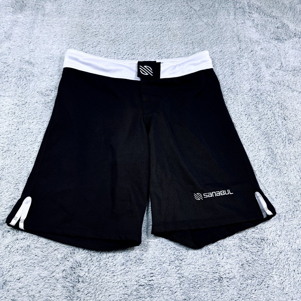 Sanabul MMA Board Shorts Mens‎ 30 Black White BJJ Grappling Combat Training Gym